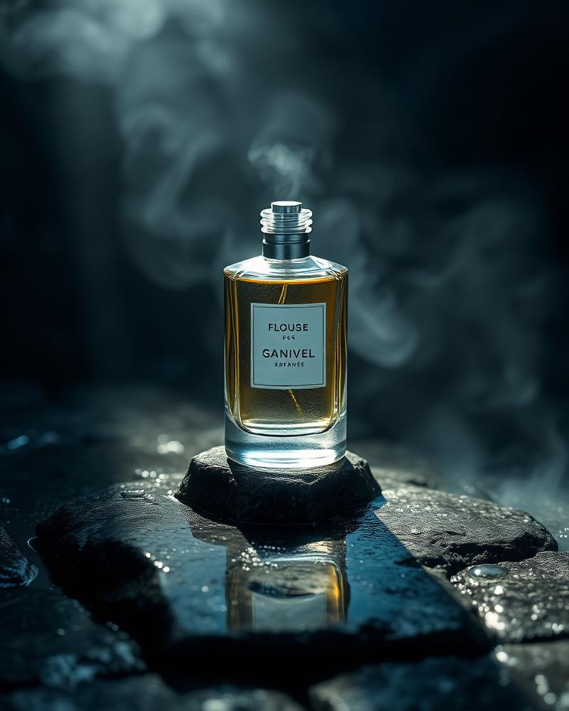 Fotografía de producto generada con IA: frasco de perfume con luz dramática