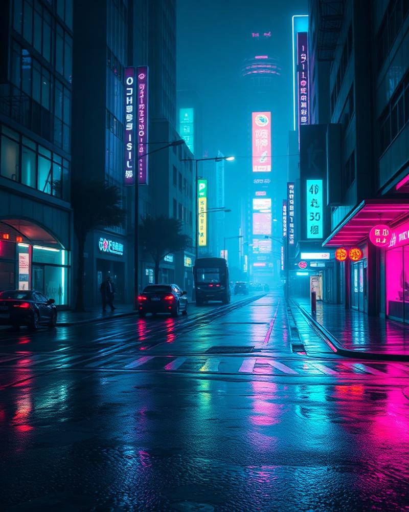 Escena urbana nocturna con luces de neón generada con IA