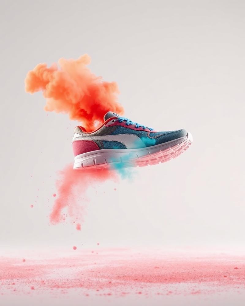 Anuncio de producto generado con IA: tenis suspendido con polvo de color