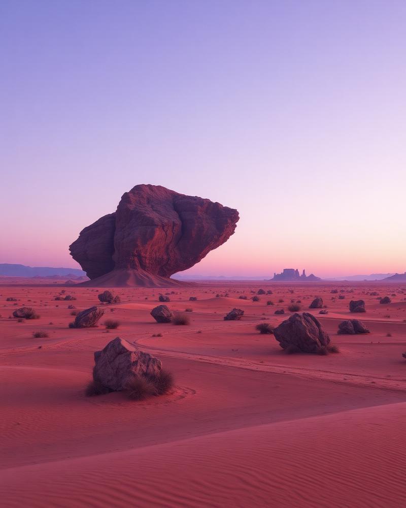 Paisaje surrealista al atardecer generado con IA